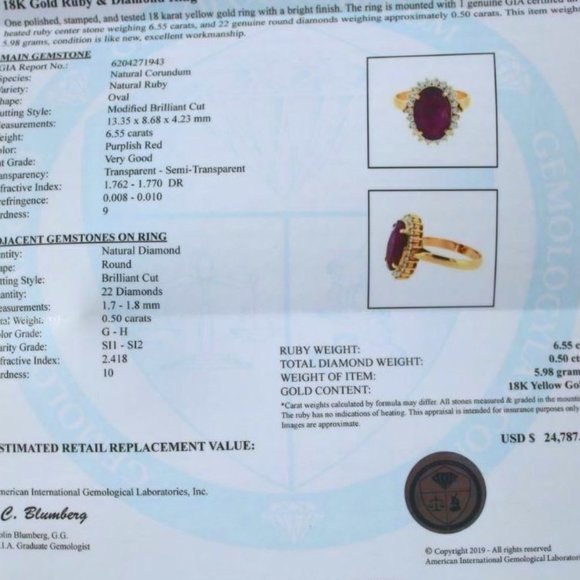 Longido Ruby 6.55ct Diamonds 18K Solid Gold Ring - Picture 6 of 9